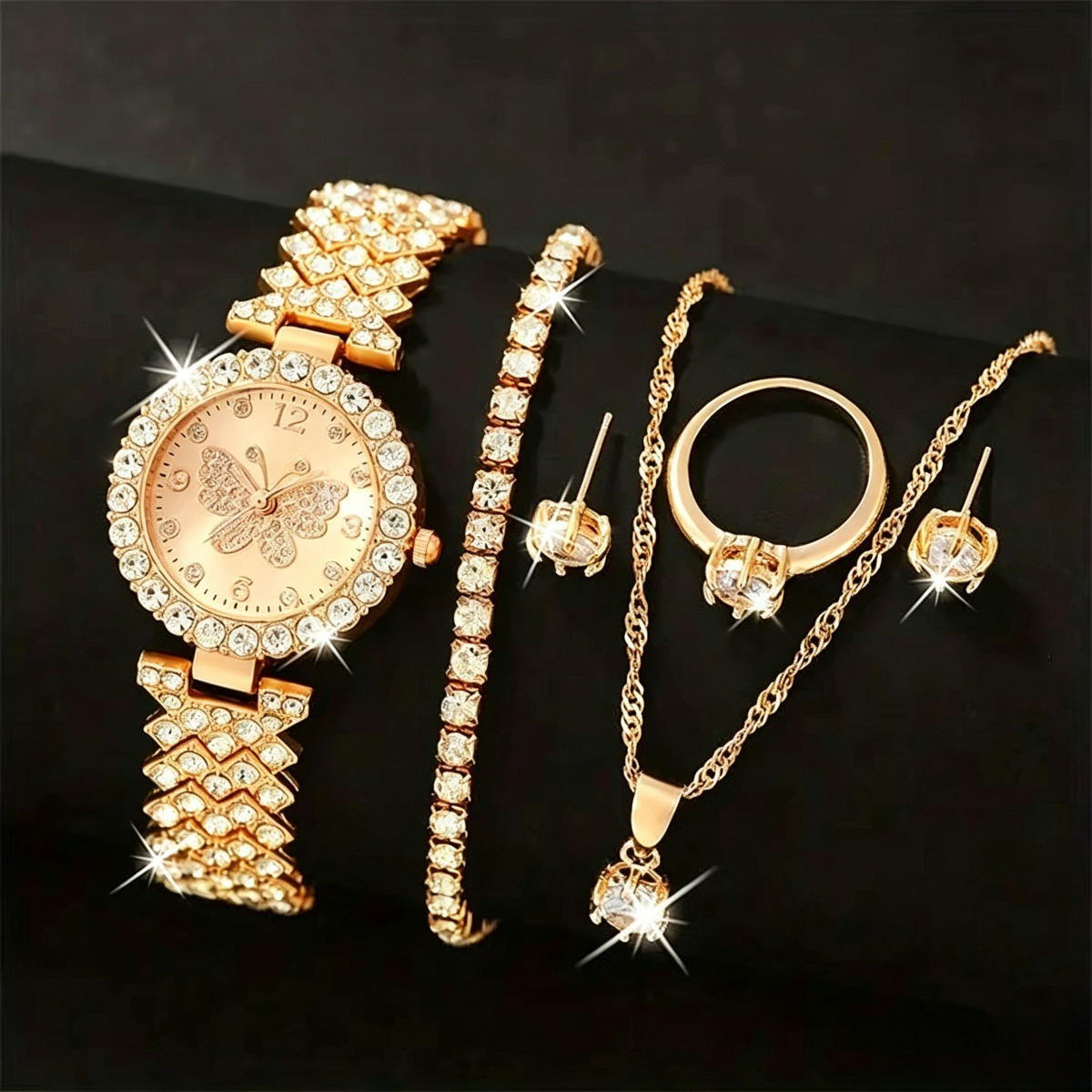 Luxury Watch For Girls - 6PCS/Set Luxury Rhinestone Butterfly Women Quartz